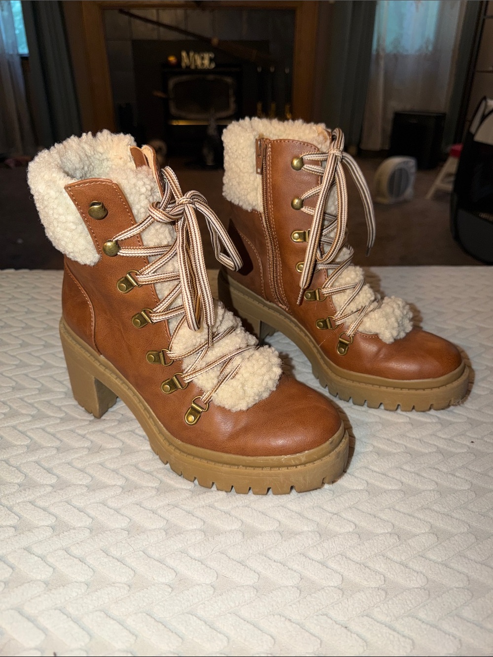 Target Cognac Brown Faux-Shearling Lace-Up Chunky Heel Boots